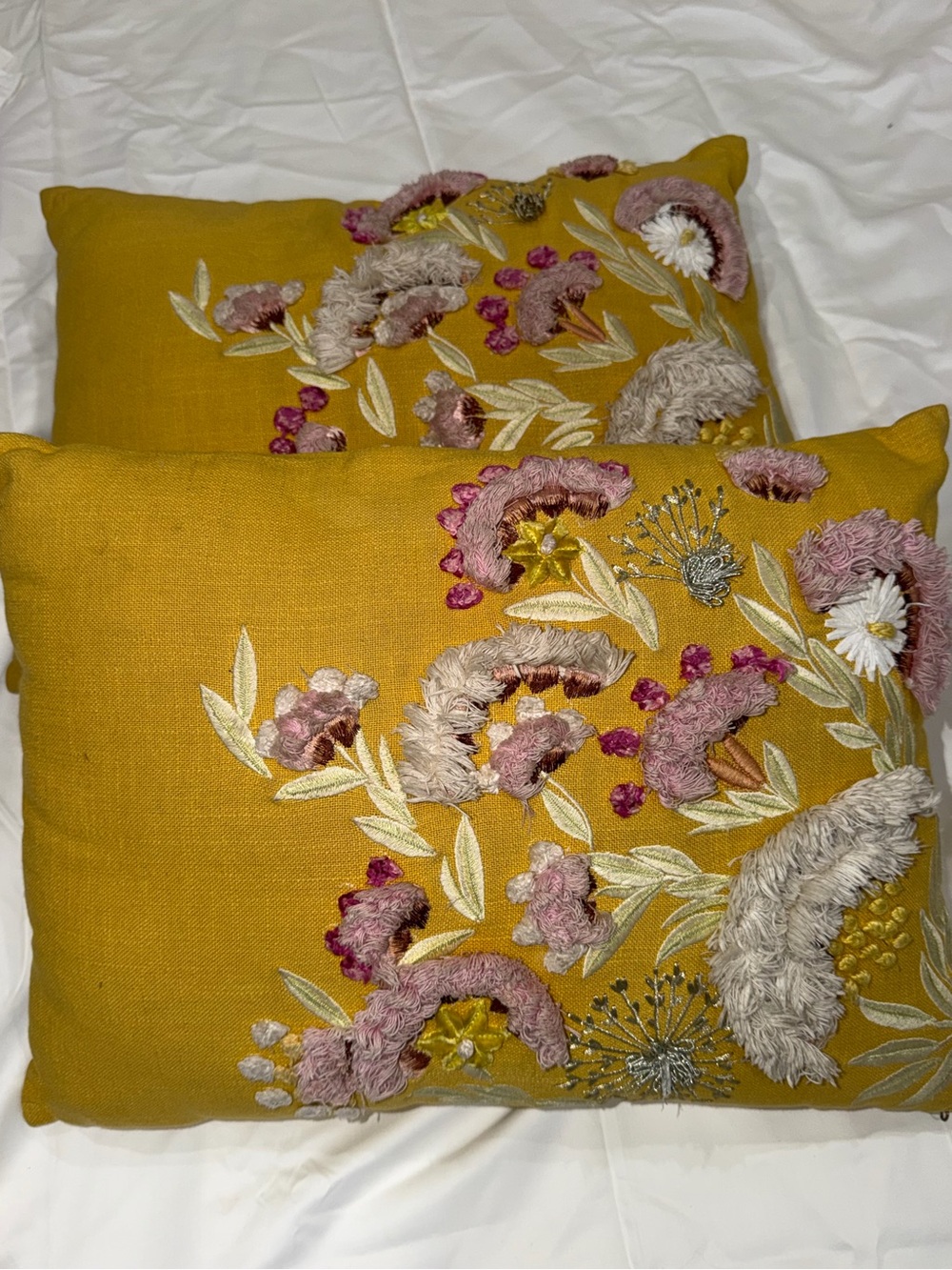 Mustard Yellow Embroidered Floral Throw Pillow - Home Accents